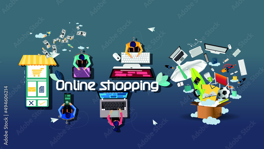 Online shopping  with Ordering, Pay, Product delivery  -  Creativity modern Idea and Concept illustration vector.