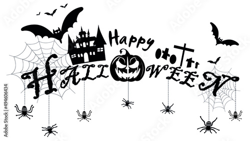 Happy Halloween Text Banner with cobweb,spider,pumpkin,castle,graves,modern design Idea and Concept illustration Vector. 