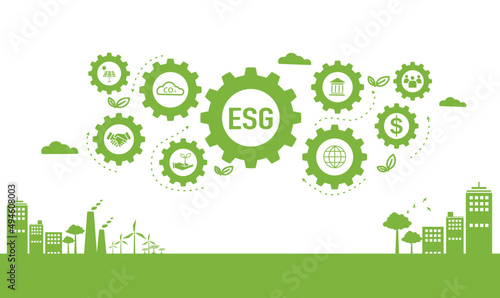 ESG banner web icon for business and organization, Environment, Social, Governance in the sky with green city.