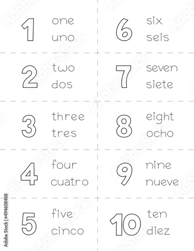 english spanish numbers, language learning coloring page for kids. you can print it on standard 8.5x11 inch paper photo