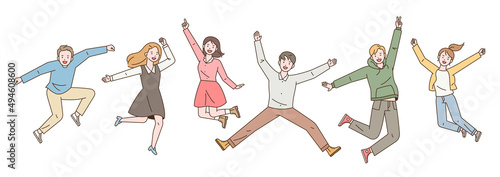 Young people are jumping happily. dynamic character. outline simple vector illustration.