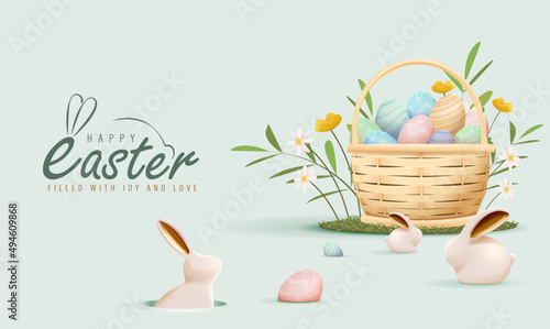 Happy Easter Day Design with Colorful Painted Realistic Eggs in Basket and Cute Bunny Holding Egg Vector Illustration. Egg Hunt Party Concept. Suitable for Poster Banner Flyer and Brochure Template