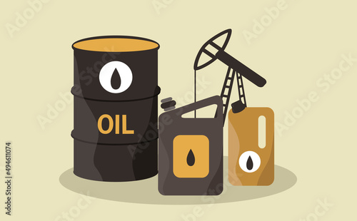 vector illustration in flat style - a barrel of oil, an oil derrick and two packages of engine oil