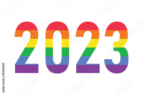 2023 year logo in rainbow LGBTQ flag colors isolated on white. Vector symbol of LGBTQ gay pride month, history month photo
