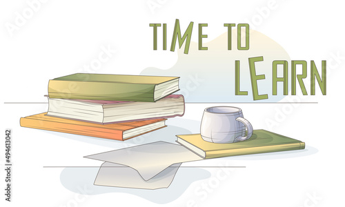 Reading set of stack of books, cup and papers. Vector illustration perfect for design of banner, poster, website, advertising, decoration of bookstore, library, bookshop. Teaching, learning concept.