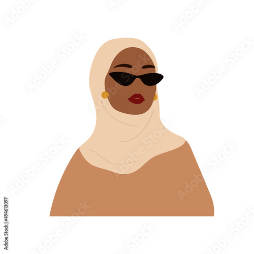 Abstract muslim woman in hijab. Faceless female portrait in sunglasses. Minimalist vector illustration in flat style. Design element for International Womens Day and Mothers day.