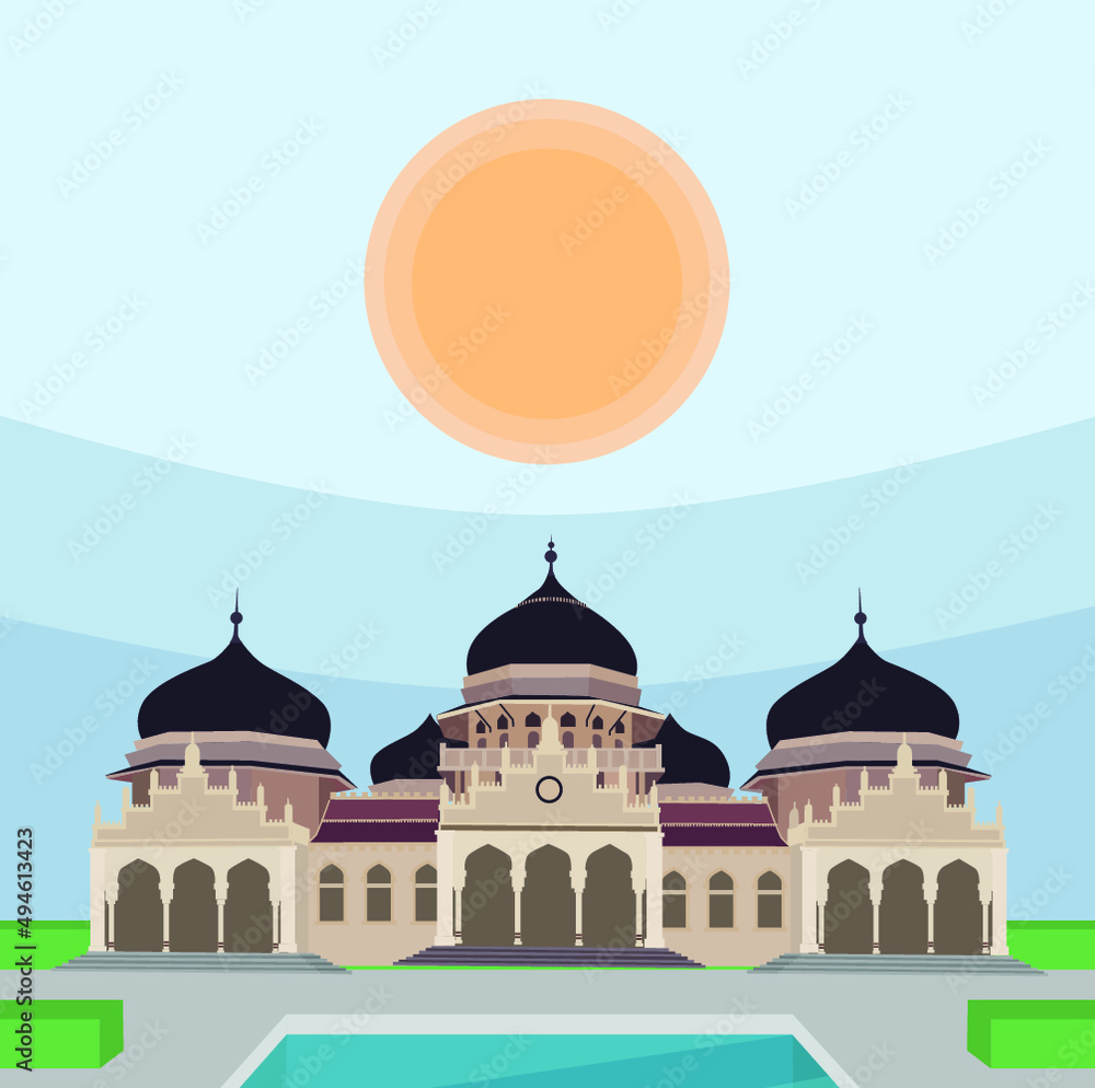 Aceh's Baiturrahman Grand Mosque square feed flat vector 