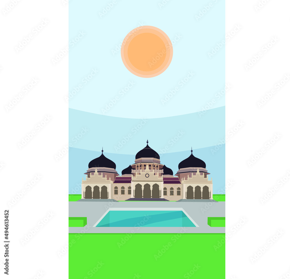 Aceh's Baiturrahman Grand Mosque wallpaper flat vector 