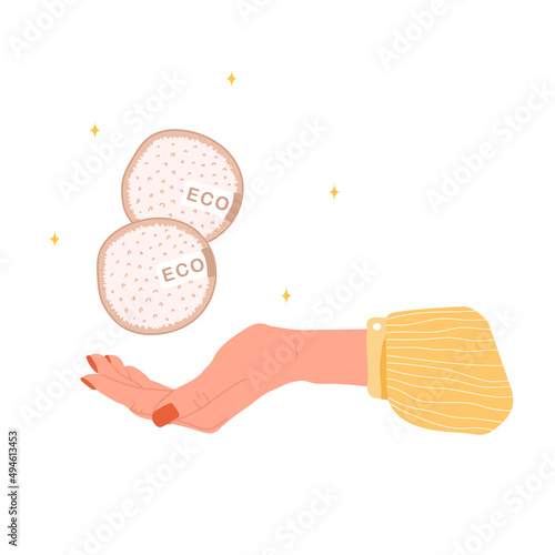 Washable cotton pad in female hand. Organic makeup remover wipe. Eco friendly products for skin care. Zero waste concept. Save the planet. Vector illustration in flat cartoon style.