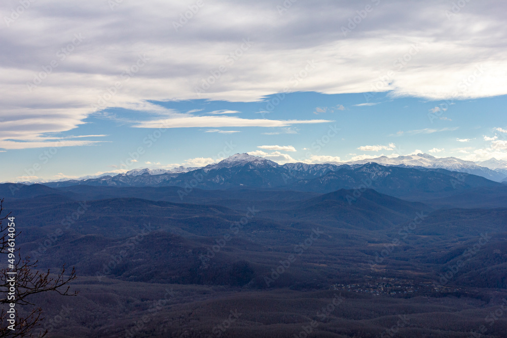 Winter mountain landscape on a sunny day, without snow cover, on observation decks. Winter mountain landscape on a sunny day, without snow cover, on observation decks.
