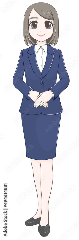 Obraz premium 紺のスーツ姿で微笑むボブスタイルの女性【正面の立ち姿】