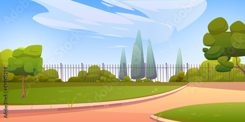 Summer park or garden with green trees, bushes, grass and fence. Vector cartoon illustration of empty backyard landscape with plants, lawn, paths and metal fencing