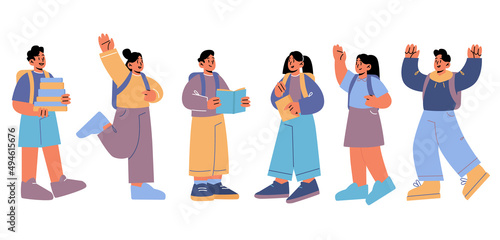 Back to school, kids students with backpacks and textbooks stand in row, boy and girls pupils reading books, education, learning and studying concept with children group, Line art vector illustration