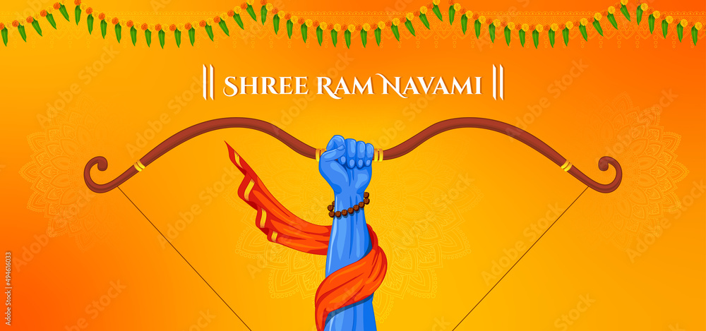 Shri Ram Navami Greeting hands of Lord Rama Holding Big Bow and Arrow - obrazy, fototapety, plakaty 