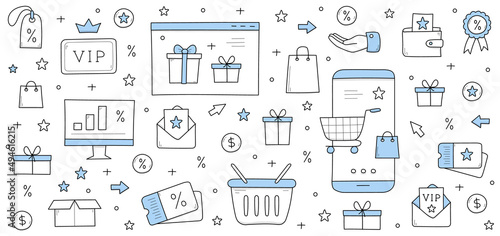 Loyalty program rewards doodle concept. Smartphone with shopping trolley at screen. Mobile application for vip clients, gift box, hand, percent sign, sale coupon, star, Line art vector illustration