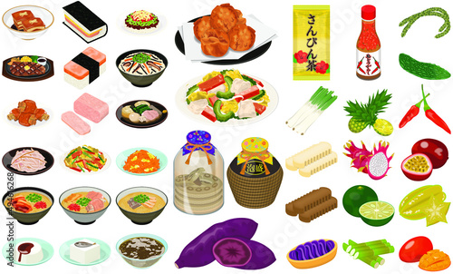 沖縄の人気グルメ・名産のアイコン①（沖縄そば、ポーク卵おにぎり、サーターアンダギー、ゴーヤーチャンプルー）