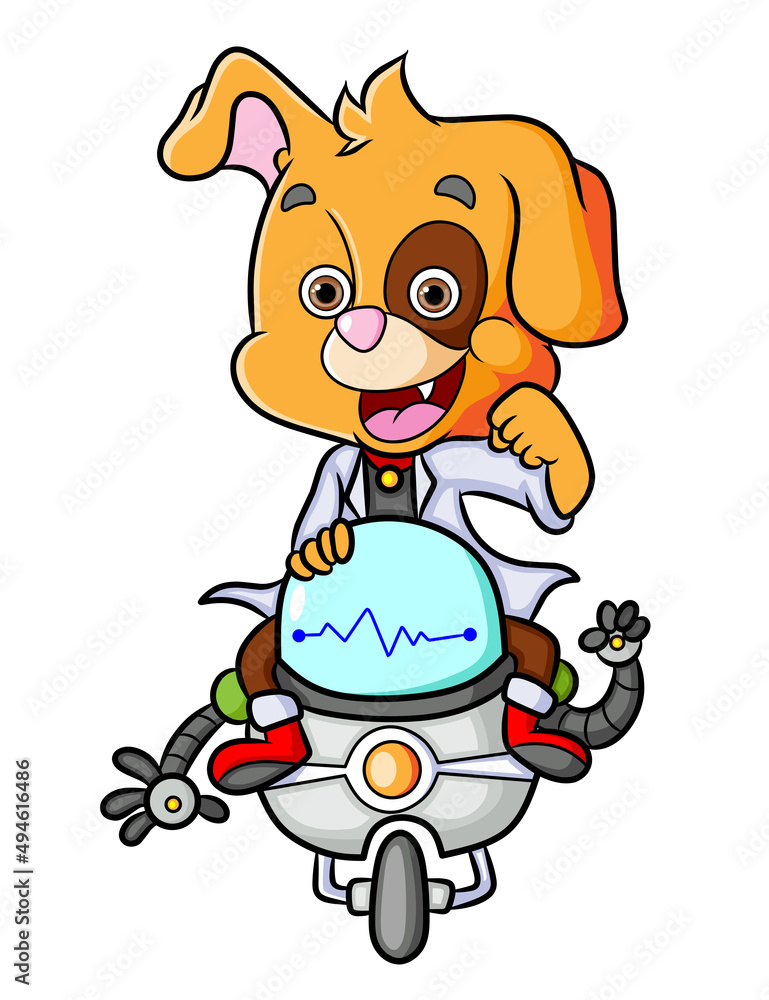 The professor dog is sitting on the moving robot The professor dog is sitting on the moving robot