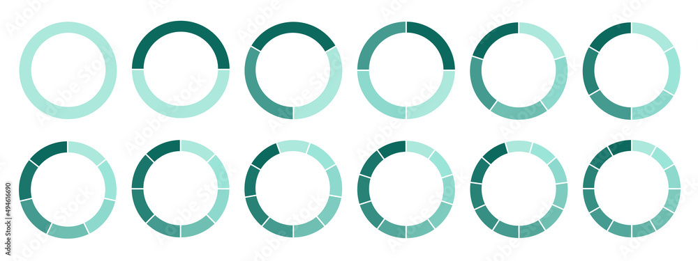 Set of segmented circles isolated on white background. A different number of sectors divides the circle into equal parts. Set of segmented circles isolated on white background. A different number of sectors divides the circle into equal parts.