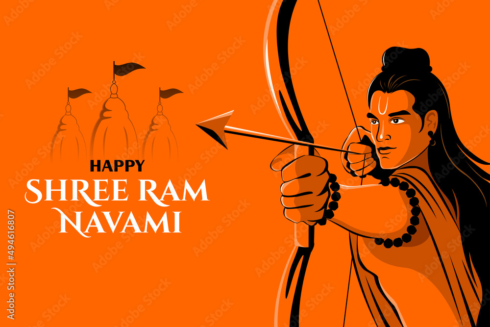 Shree Ram Navami celebration Lord Rama standing with bow and arrow - obrazy, fototapety, plakaty 