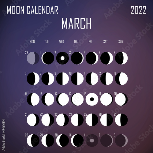 March 2022 Moon calendar. Astrological calendar design. planner. Place for stickers. Month cycle planner mockup. Isolated color liquid background