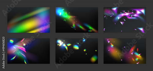 Rainbow streaks and flare, reflection light from crystal, glass or gem. Vector realistic illustration set of refraction and light leak effects, bright spectrum sparks from lens