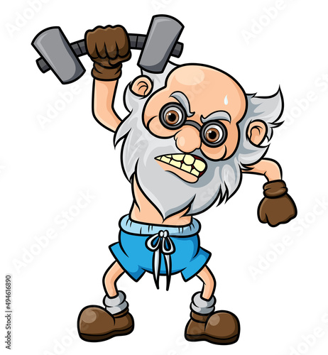 The old crazy man is doing the sport and lifting the weight