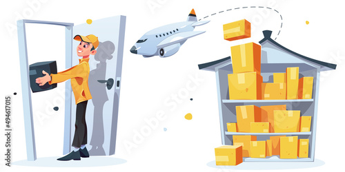 Delivery service logistic, express shipping. Vector cartoon illustration of warehouse with cardboard boxes, flying airplane and man courier deliver parcel to home door