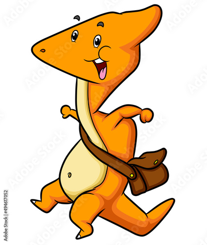 The cute parasaurolophus wearing a bag is stopping