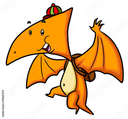 The cute pteranodon wearing a bag and flying