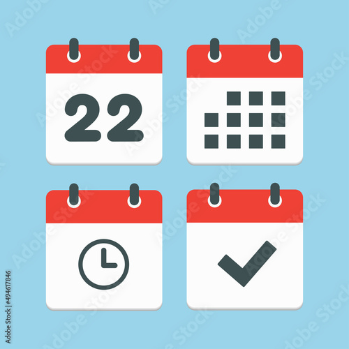 Icons calendar number 22, agenda app, timer, done