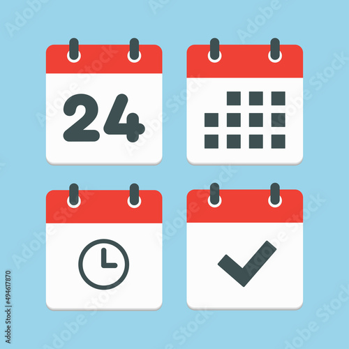 Icons calendar number 24, agenda app, timer, done