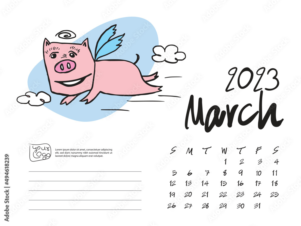 Calendar 2023 design template with Cute Pig vector illustration, March 2023 artwork, Lettering, Desk calendar 2023 layout, planner, wall calendar template, pig cartoon character, holiday event
