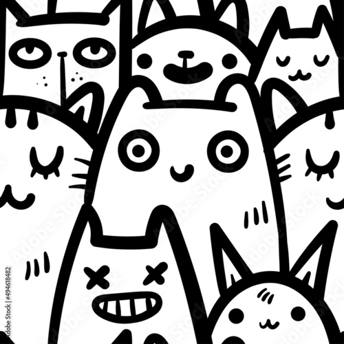 Seamless pattern with cute cats on white background. Funny animals wallpaper. Vector doodle kittens print.