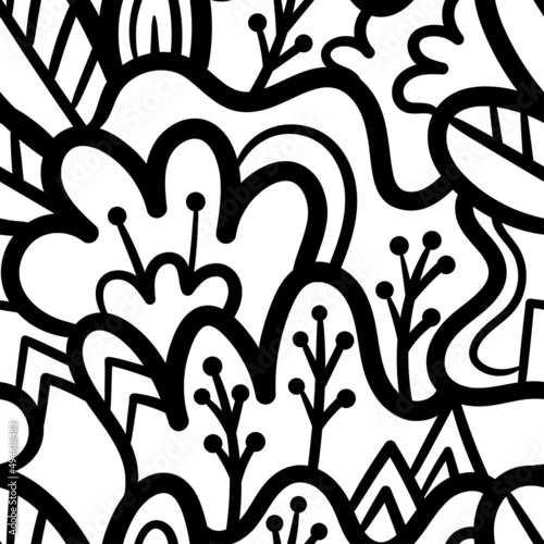 Seamless pattern with different plants on white background. Vector print with herbs. Cartoon doodle forest.