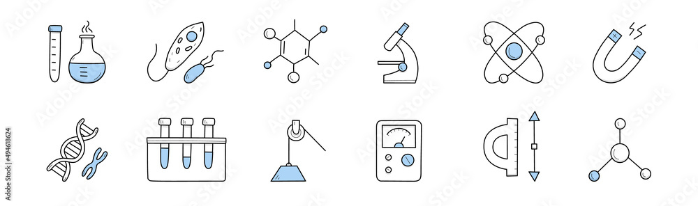 Icons of science, laboratory test, research in chemistry, biology, physics, medicine. Vector hand drawn symbols set of scientific lab equipment, microscope, chemical tubes, DNA molecule, atom