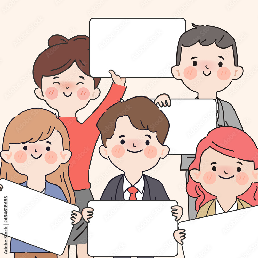 Hand drawn cartoon employee worker in office holding a placard character. Hand drawn cartoon employee worker in office holding a placard character.