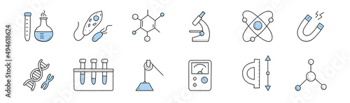 Icons of science, laboratory test, research in chemistry, biology, physics, medicine. Vector hand drawn symbols set of scientific lab equipment, microscope, chemical tubes, DNA molecule, atom