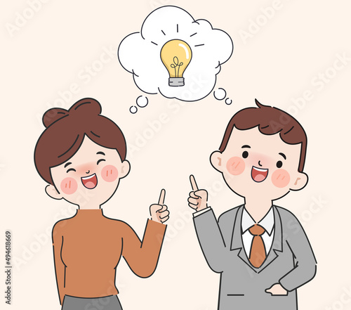 Hand drawn cartoon business people sharing ideas teamwork with lighbulb character.