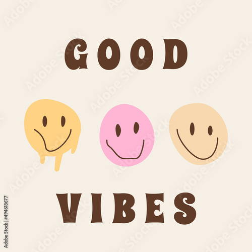 Square card or poster with melting smiling faces in vintage color. Drug trip psychedelic hippie inspired characters with groovy lettering saying Good Vibes. Vector illustration.