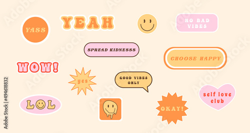 Trendy retro positive stickers set. Collection of various patches with emoticons and hippie phrases. Smiley face and slang words. Vector illustration in flat style.