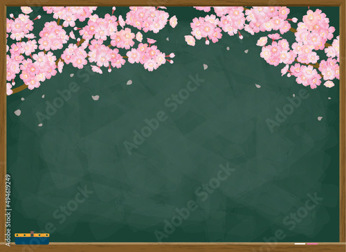 黒板に描かれた桜のチョークアートのベクターイラスト