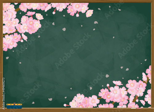 黒板に描かれた桜のチョークアートのベクターイラスト