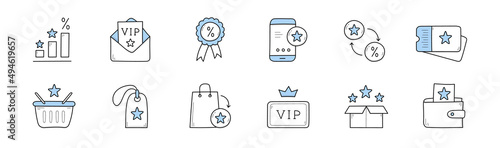 Loyalty program icons, customer reward, bonus, discount card. Vector hand drawn signs of loyal clients incentive, exclusive benefits and gifts for vip members