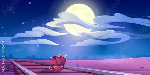 Train sabotage western scene with tnt dynamite lying on railroad at wild west nature landscape with desert under night sky with full moon and clouds. Bandits bomb adversity Cartoon vector illustration photo