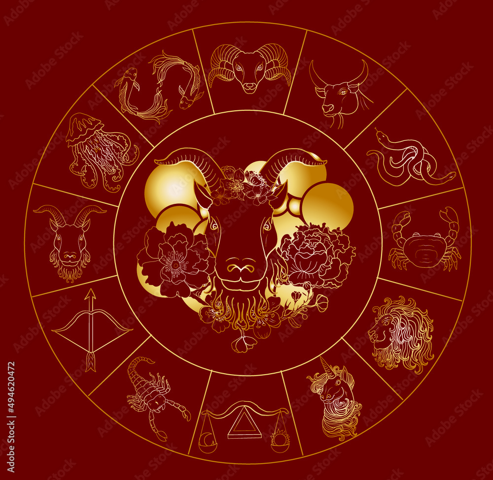 Circle flower of Astrology design.horoscope circle with signs of zodiac set vector.signs such as a aries, taurus, gemini, cancer, leo, virgo, libra, scorpio, sagittarius, capricorn,aquarius, pisces.