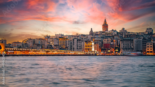Landscape of the Galata tower and the Bosphorus in the city of Istanbul in Turkey at sunset.