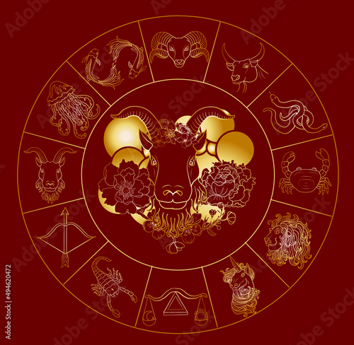 Circle flower of Astrology design.horoscope circle with signs of zodiac set vector.signs such as a aries, taurus, gemini, cancer, leo, virgo, libra, scorpio, sagittarius, capricorn,aquarius, pisces.