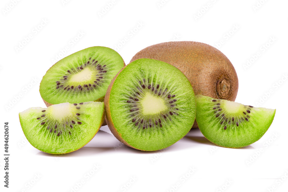 Close up of Whole and sliced kiwi fruit and sliced isolated on white background Close up of Whole and sliced kiwi fruit and sliced isolated on white background