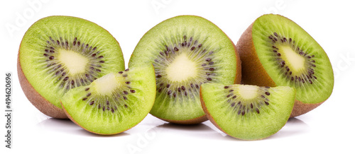 Close up of Whole and sliced kiwi fruit and sliced isolated on white background