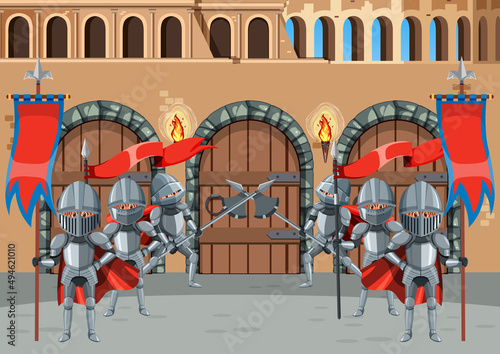 Middle ages with medieval knights in cartoon style